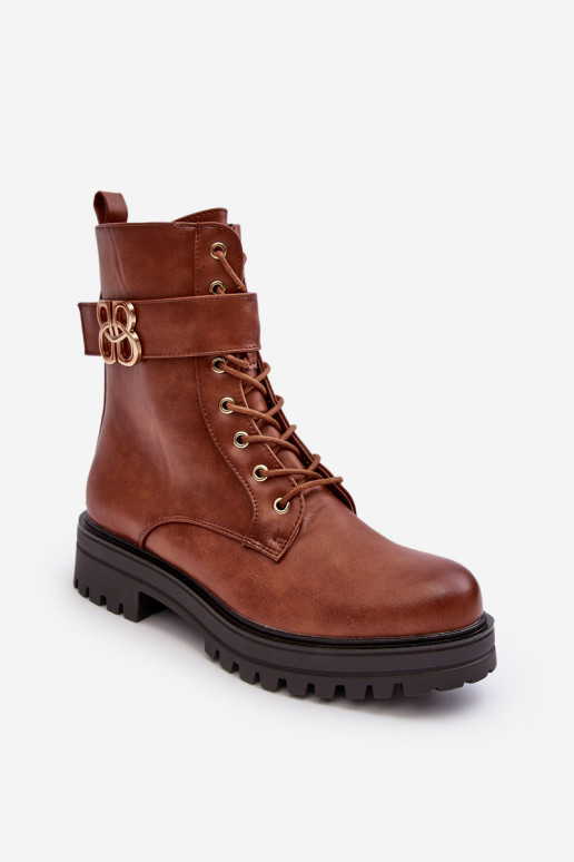 Women's Zip-up Worker Boots with Ornament Brown Ciossava