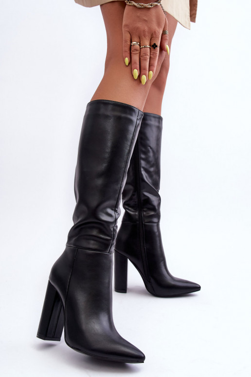 Elegant Leather Heeled Boots Black Eudonice