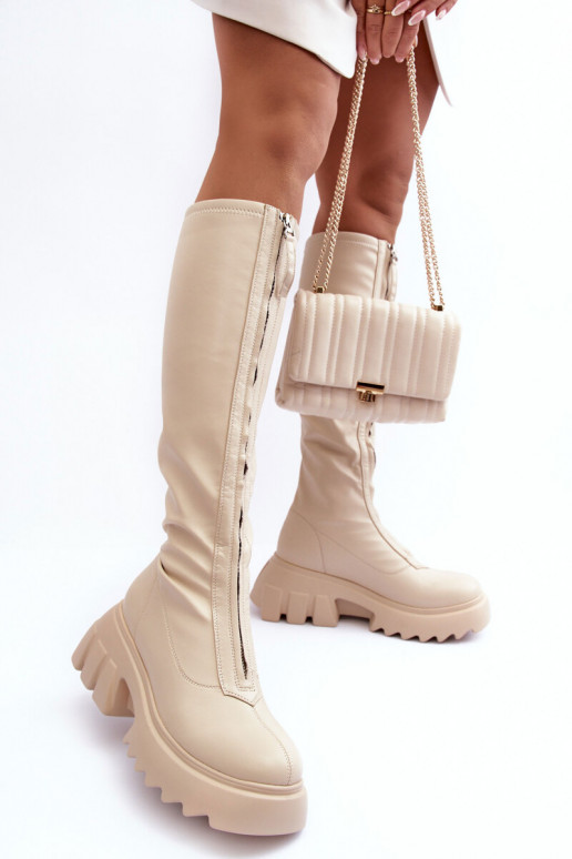 Leather Ankle Boots On Massive Platform With Zipper Beige Ringo