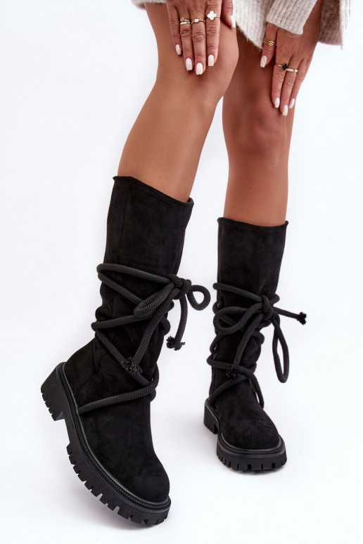 Women's Suede Boots with Lacing Black Tanive