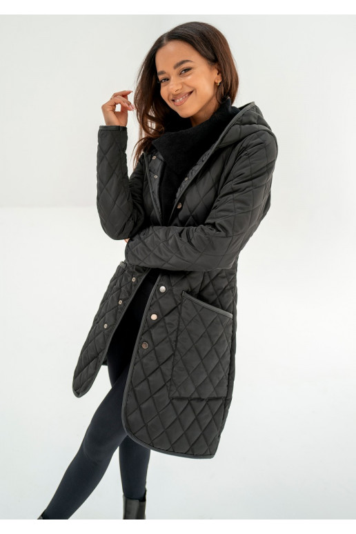 - Black snap buttoned tight fit midi coat