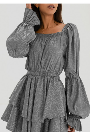 Sonya - Grey leopard spotted frilled satin mini dress 2