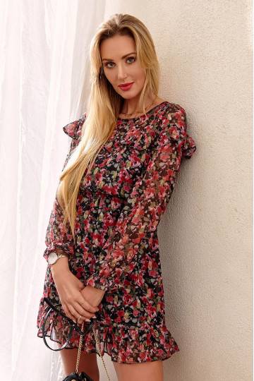 Delicate design dress with floral patterns with wrinkles burgundy