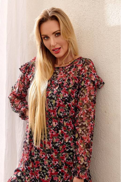 Delicate design dress with floral patterns with wrinkles burgundy