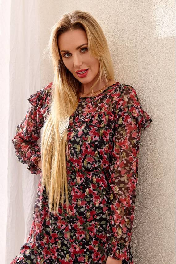 Delicate design dress with floral patterns with wrinkles burgundy