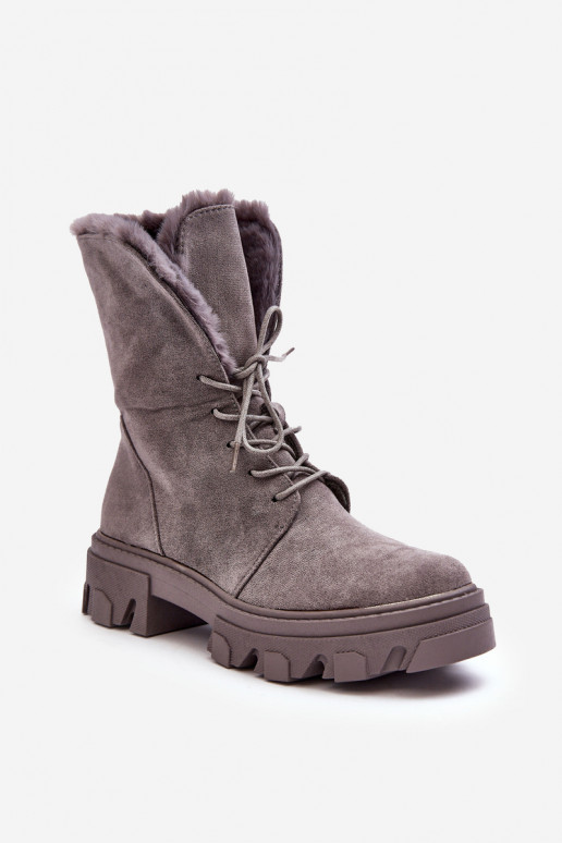 Suede Lace-up Boots with Furry Fur Gray Frendo