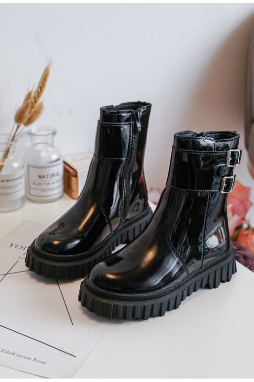 Children's Glossy Boots with Buckles Black Chloraia