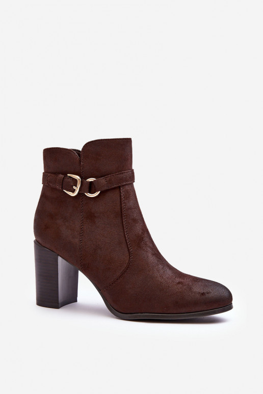 Women's Leather Boots On Heel With Buckle Brown Lasima