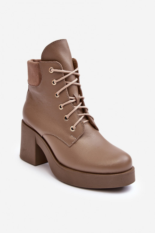 Leather Women's Heeled Ankle Boots Dark Beige Lemar Leocera