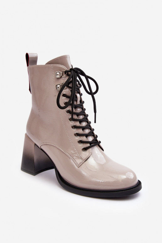 Ladies Glossy Lace-up Boots on Heel D&A MR870-06 Light gray