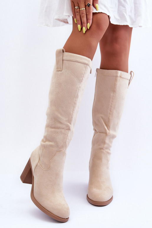 Women's Suede Boots on Heel Light Beige Khabira