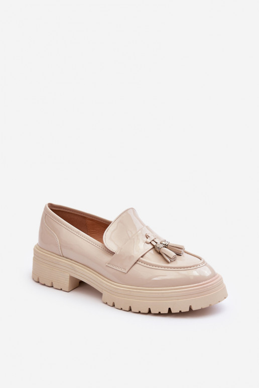 Lacquered Loafers with Fringes Light Beige Velenase