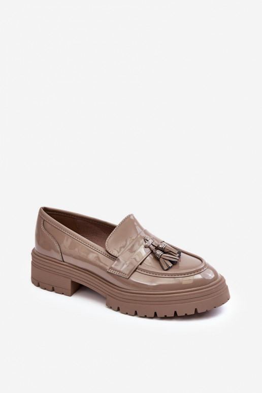 Lacquered Loafers with Fringes Dark Beige Velenase