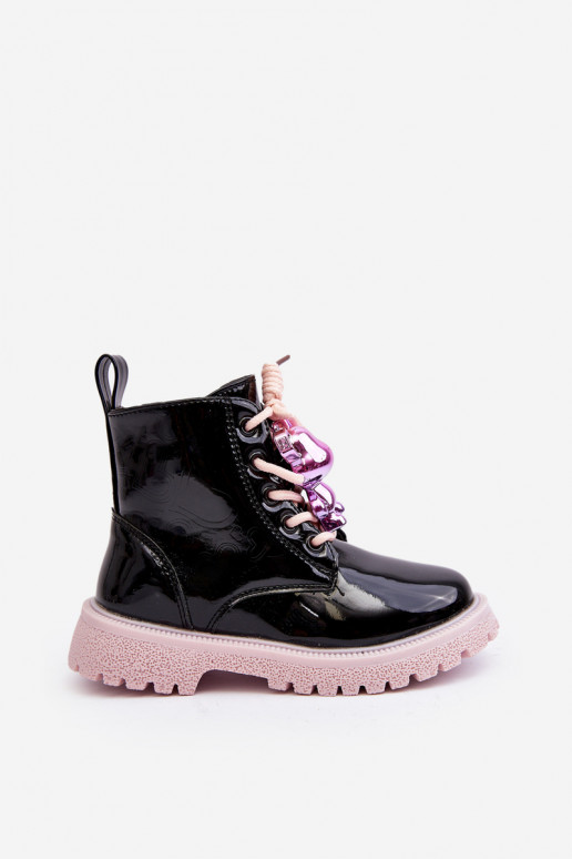 Kids' Glossy Lined Boots with Black-Pink Decoration Bunnyjoy