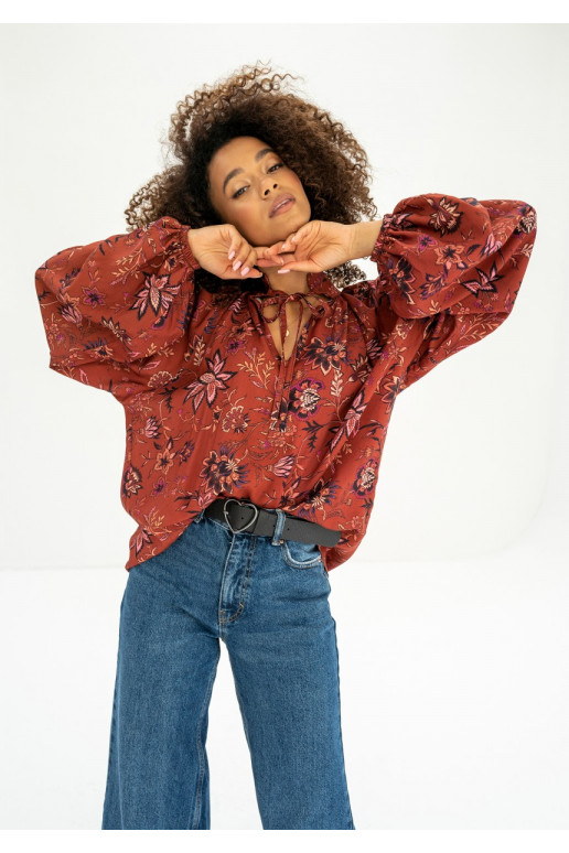 Noura - Red boho floral printed shirt