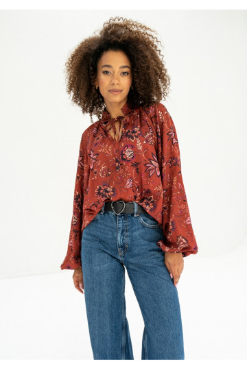 Noura - Red boho floral printed shirt 2