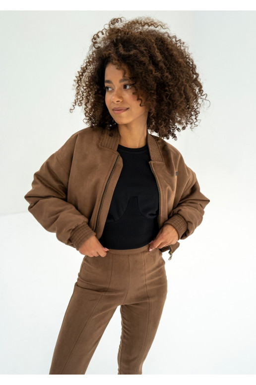 Ruby - Short full zipped brown faux suede sweatshirt