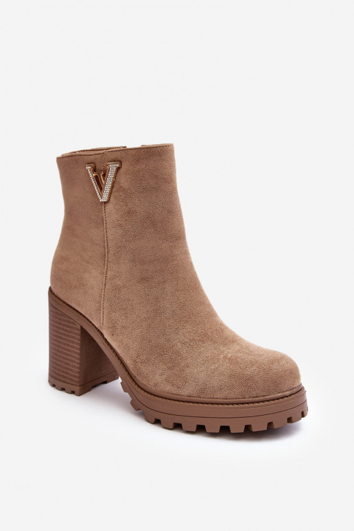 Women's Suede Boots On Heel With Decoration Beige Strong
