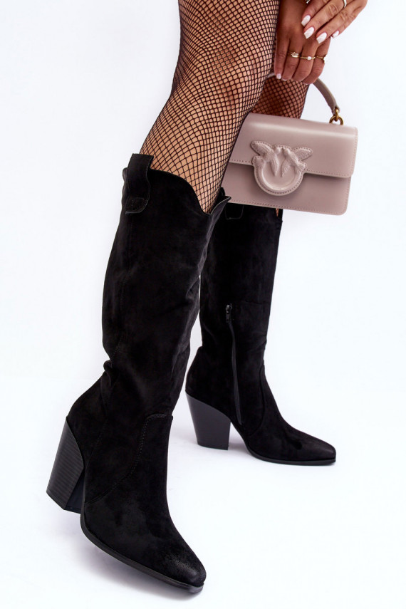 Suede Cowboy Boots On Heel Black Tortana