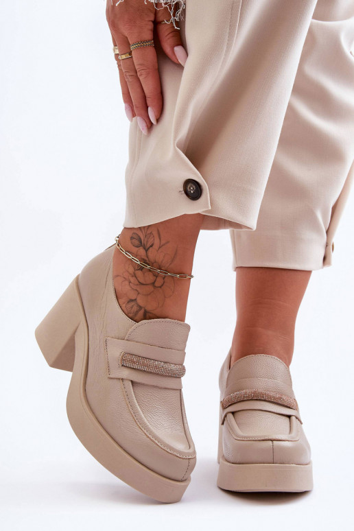 Leather Heeled Shoes with Embellishment Beige Gelanor