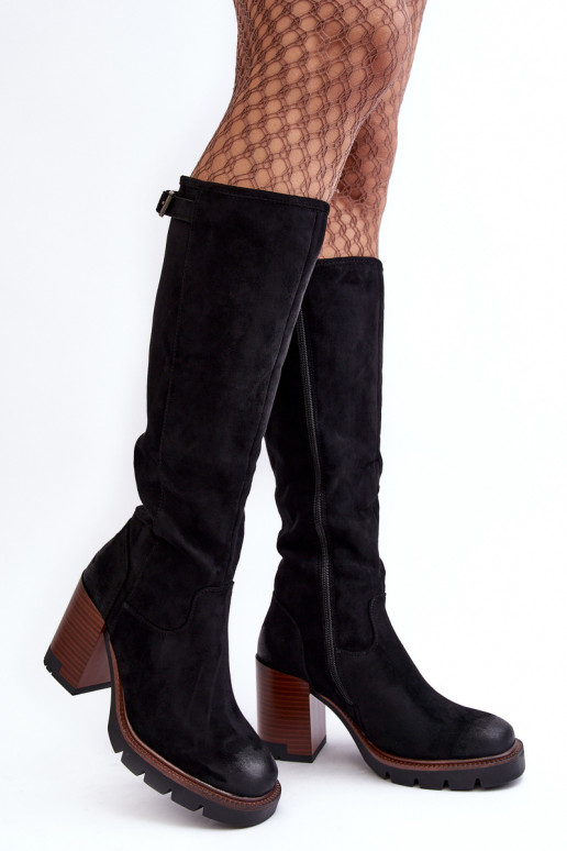 Women's Chunky Heel Ankle Boots with Fur Lining Black Alzeta