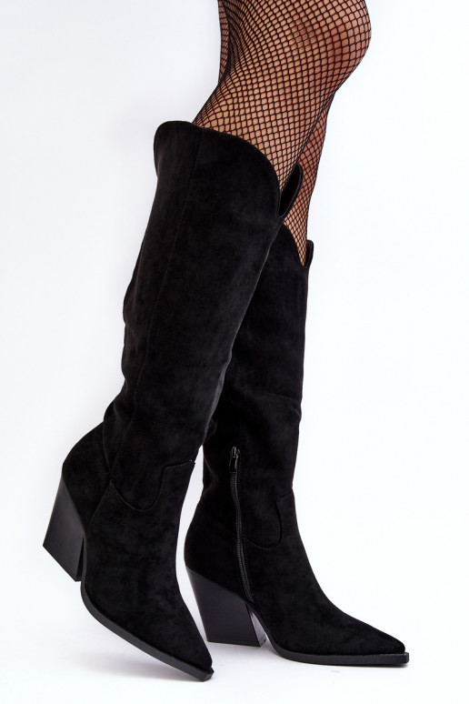 Suede Cowboy Boots Fashionable Black Delia