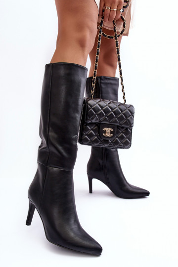 Leather Knee-High Boots with Heel Black Serpens 2