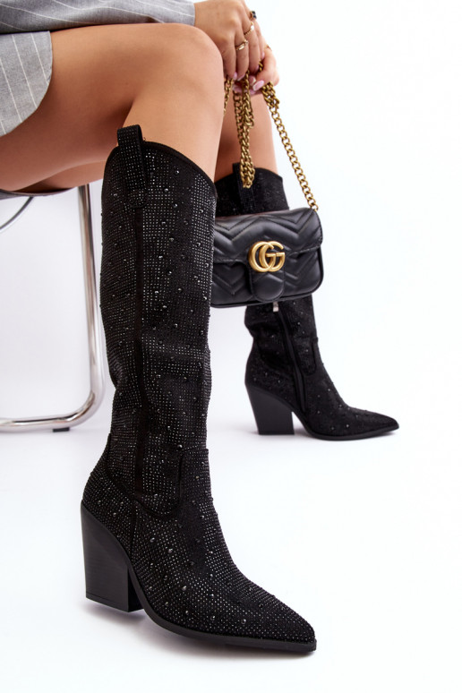 Women's Cowboy Ankle Boots with Rhinestones Black Poelstra