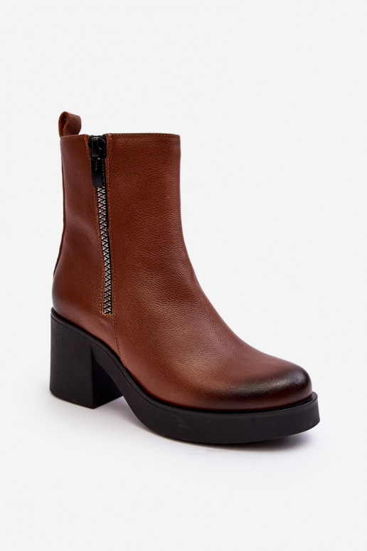 Leather Boots with Chunky Heel and Zippers Brown Lemar Littosa