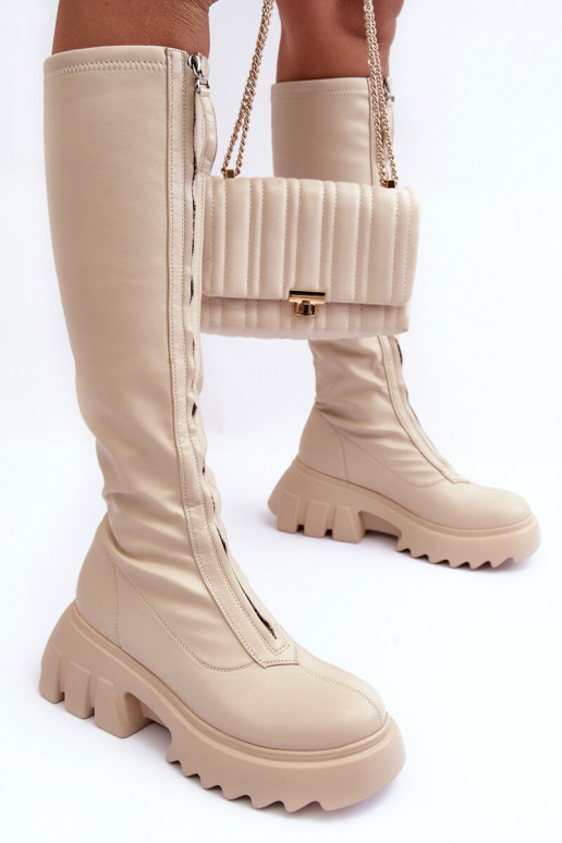 Leather Ankle Boots On Massive Platform With Zipper Beige Ringo