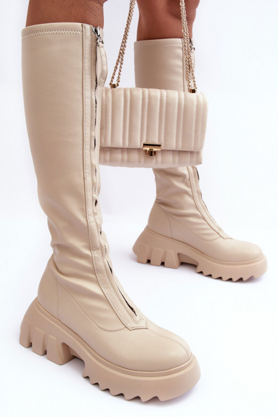 Leather Ankle Boots On Massive Platform With Zipper Beige Ringo