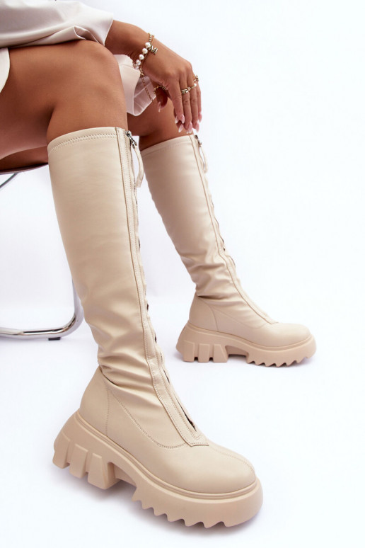 Leather Ankle Boots On Massive Platform With Zipper Beige Ringo