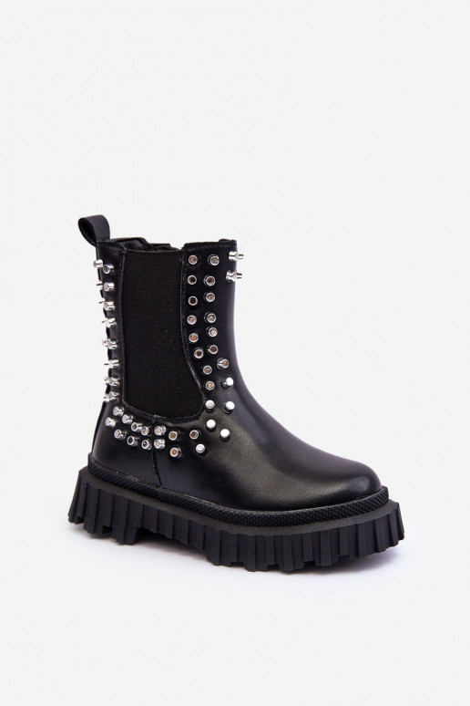 Girls' Heeled Ankle Boots Decorated with Rhinestones Black Adelie