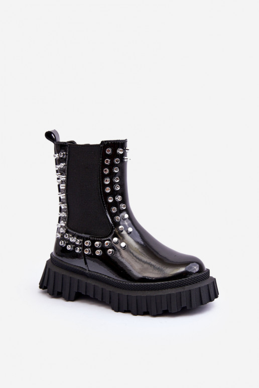 Girls' Shiny Ankle Boots Decorated with Rhinestones Black Adelie