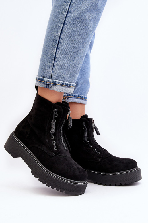 Women's Suede Trapper Boots with Thick Sole and Zipper Black Edivame