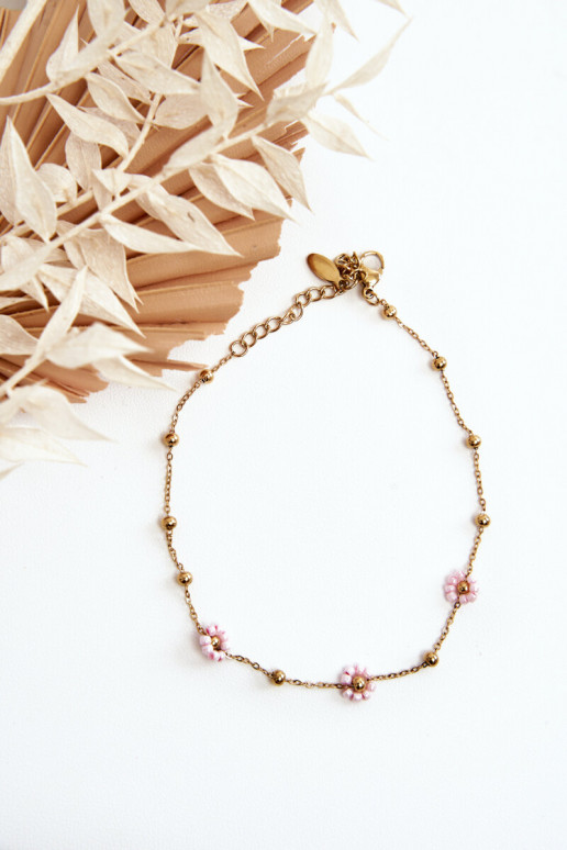 Anklet With Pink Flowers Gold