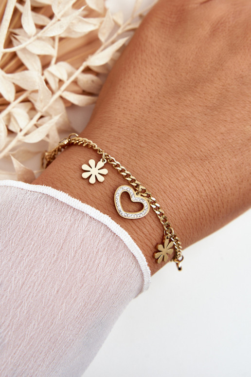 Fashionable Bracelet With Flowers And Heart Gold