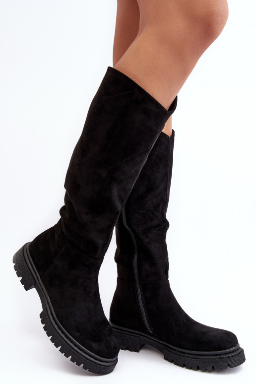 Women's Quilted Knee-High Boots Black Heliofa