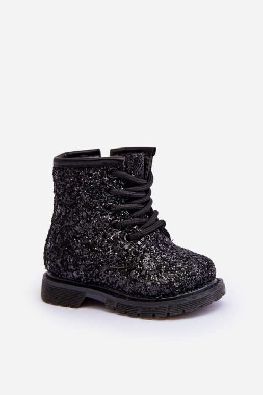 Children's Glittery Lined Boots with Zipper Black Saussa