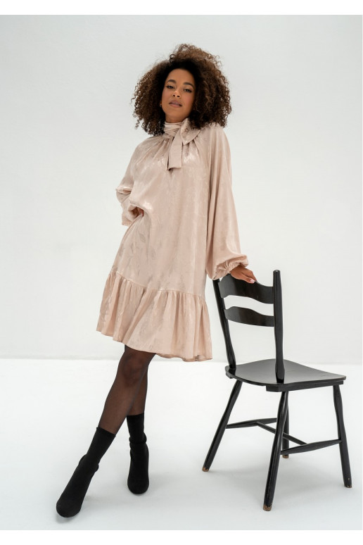 - Beige frilled jacquard rayon dress