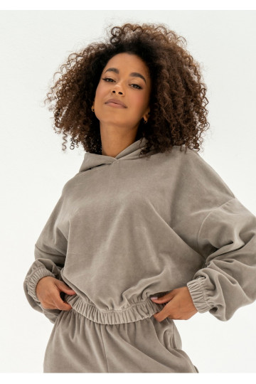 Icon Velvet - Taupe velour hoodie with a logo 2