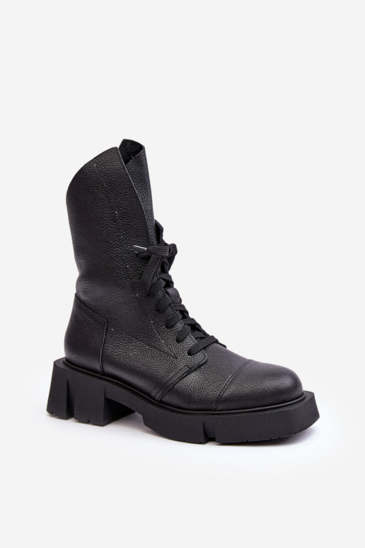 Women's Leather Ankle Boots Workery on Massive Flat Heel Zazoo 976A Black