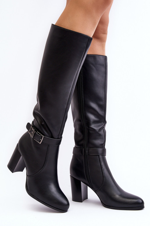 Women's Knee-high Boots with Buckle and Faux Fur Black Sendilia