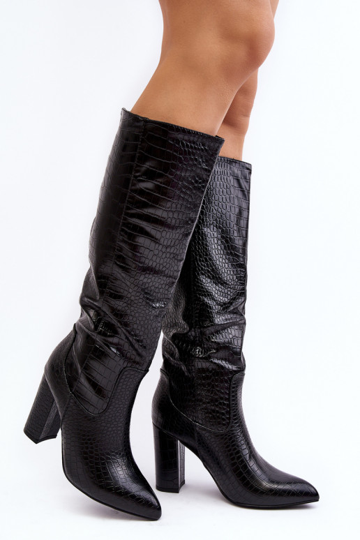 Women's Knee-High Boots with Stiletto Heels and Snake Pattern Delul