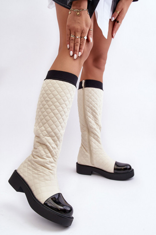 Quilted Knee-High Boots On Flat Heel Beige Amalfri