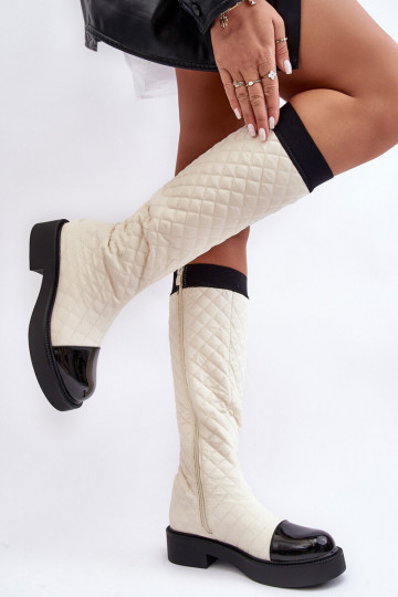 Quilted Knee-High Boots On Flat Heel Beige Amalfri 2