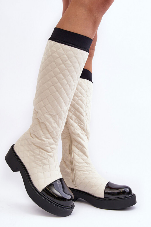Quilted Knee-High Boots On Flat Heel Beige Amalfri