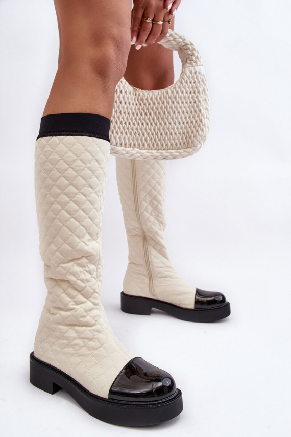 Quilted Knee-High Boots On Flat Heel Beige Amalfri