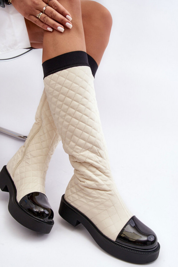 Quilted Knee-High Boots On Flat Heel Beige Amalfri