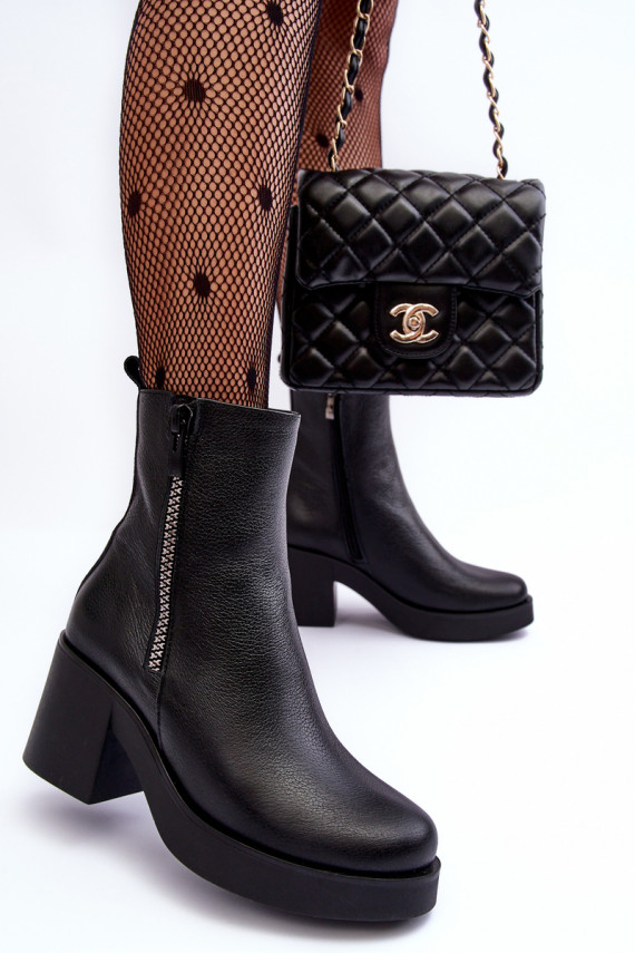 Leather Boots with Massive Heel and Zippers Black Littosa